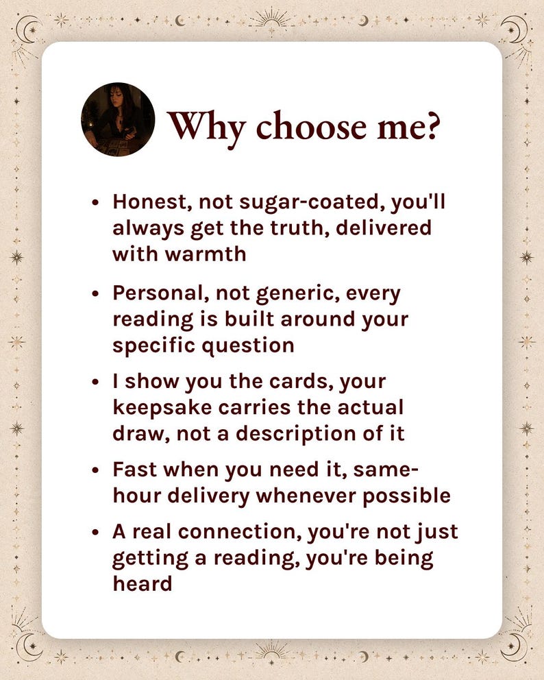 Pu&ograve; includere: Una scheda informativa rettangolare con sfondo color crema e testo marrone scuro. L'intestazione recita Why choose me? seguita da cinque punti elenco che descrivono i servizi: verit&agrave; onesta, letture personali, immagini delle carte, consegna rapida e connessione.