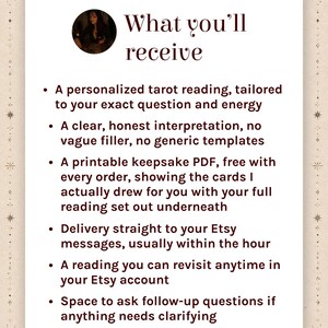 Puede incluir: Una tarjeta informativa blanca con un retrato circular en la parte superior y el texto What you'll receive. Enumera seis puntos que detallan un servicio de lectura de tarot personalizado, incluyendo un PDF imprimible, entrega por Etsy y preguntas.