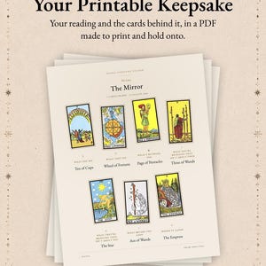 Puede incluir: Un documento de lectura de tarot imprimible titulado The Mirror, que presenta siete cartas del tarot: Ten of Cups, Wheel of Fortune, Page of Pentacles, Three of Wands, The Star, Ace of Wands y The Empress, con texto descriptivo para cada posici&oacute;n.
