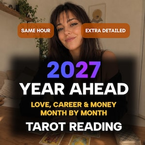 May include: A tarot reading service advertisement featuring the text 2027 YEAR AHEAD, LOVE, CAREER & MONEY, MONTH BY MONTH, TAROT READING, SAME HOUR, and EXTRA DETAILED. The graphic includes a person with dark hair and a black top behind cards.