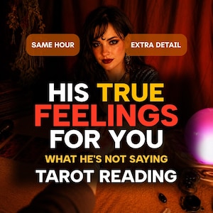 May include: A tarot reading service advertisement featuring text that reads SAME HOUR, EXTRA DETAIL, HIS TRUE FEELINGS FOR YOU, WHAT HE'S NOT SAYING, and TAROT READING. The image displays a person with a crescent moon symbol on their forehead.