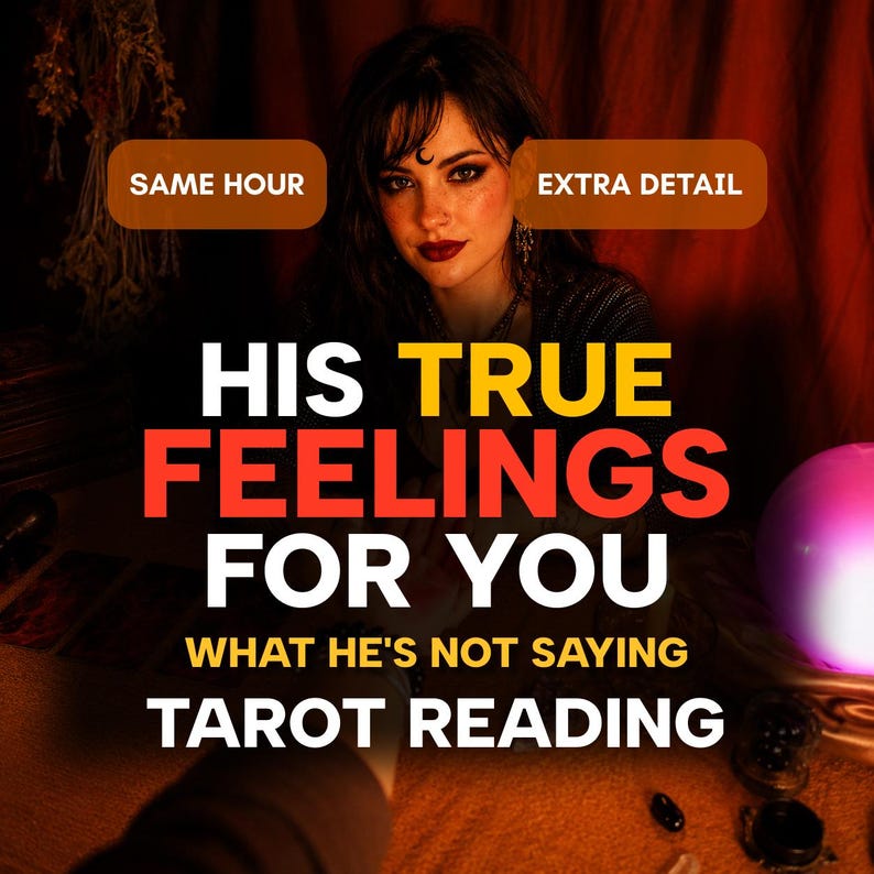 May include: A tarot reading service advertisement featuring text that reads SAME HOUR, EXTRA DETAIL, HIS TRUE FEELINGS FOR YOU, WHAT HE'S NOT SAYING, and TAROT READING. The image displays a person with a crescent moon symbol on their forehead.