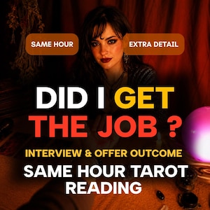 May include: A promotional graphic for a tarot reading service featuring the text: SAME HOUR, EXTRA DETAIL, DID I GET THE JOB?, INTERVIEW & OFFER OUTCOME, SAME HOUR TAROT READING. The image shows a person with dark hair and a crescent moon symbol on their forehead.