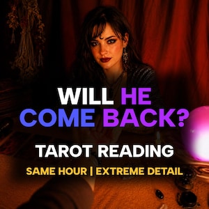 Puede incluir: Un anuncio de lectura de tarot con una persona que tiene un s&iacute;mbolo de luna creciente en la frente. El texto dice: WILL HE COME BACK? TAROT READING SAME HOUR | EXTREME DETAIL. La escena incluye una esfera rosa brillante y cartas de tarot.