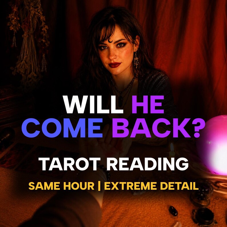 Puede incluir: Un anuncio de lectura de tarot con una persona que tiene un s&iacute;mbolo de luna creciente en la frente. El texto dice: WILL HE COME BACK? TAROT READING SAME HOUR | EXTREME DETAIL. La escena incluye una esfera rosa brillante y cartas de tarot.