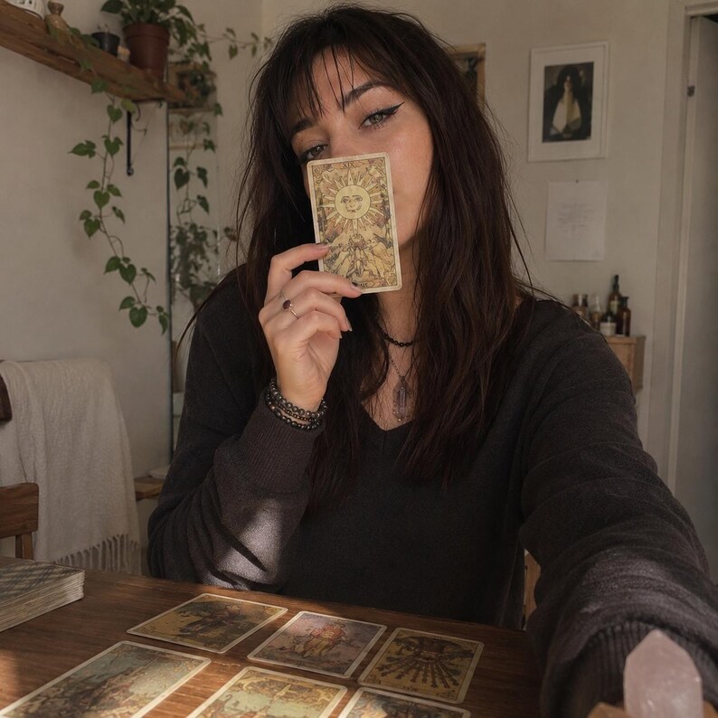 Puede incluir: Una carta de tarot rectangular que presenta una ilustraci&oacute;n central del sol con un rostro, rodeada de rayos y motivos florales, sostenida frente al rostro. La carta es de color beige con detalles en tinta dorada y marr&oacute;n.