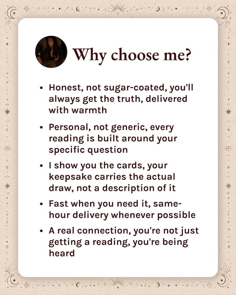 May include: A rectangular informational card with a cream background and dark brown text. The header reads Why choose me? followed by five bullet points detailing services: honest truth, personal readings, card visuals, fast delivery, and connection.