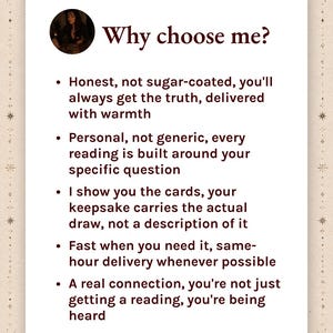 Puede incluir: Una tarjeta informativa rectangular con fondo crema y texto marr&oacute;n oscuro. El encabezado dice Why choose me? seguido de cinco puntos que detallan los servicios: verdad honesta, lecturas personales, im&aacute;genes de cartas, entrega r&aacute;pida y conexi&oacute;n.