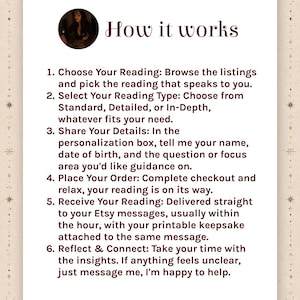 Pu&ograve; includere: Un grafico informativo intitolato How it works con un ritratto circolare in alto. Elenca sei passaggi per ordinare una lettura: Choose Your Reading, Select Your Reading Type, Share Your Details, Place Your Order, Receive Your Reading e Reflect & Connect.