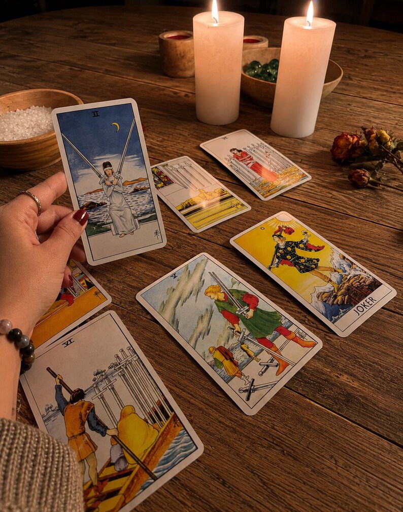 Puede incluir: Una colecci&oacute;n de cartas de tarot extendidas sobre una superficie de madera, incluyendo el Dos de Espadas, el Cinco de Espadas, el Seis de Espadas y una carta de Joker. Las cartas presentan ilustraciones detalladas con figuras en varias poses, junto a dos velas encendidas.
