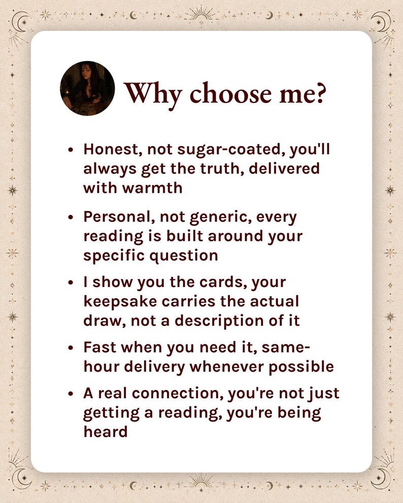 Puede incluir: Una tarjeta informativa rectangular con fondo crema y texto marr&oacute;n oscuro. El encabezado dice Why choose me? seguido de cinco puntos que detallan los servicios: verdad honesta, lecturas personales, im&aacute;genes de cartas, entrega r&aacute;pida y conexi&oacute;n.