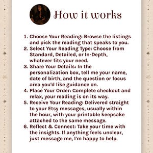 Puede incluir: Un gr&aacute;fico informativo titulado How it works con un retrato circular en la parte superior. Enumera seis pasos para solicitar una lectura: Choose Your Reading, Select Your Reading Type, Share Your Details, Place Your Order, Receive Your Reading y Reflect & Connect.