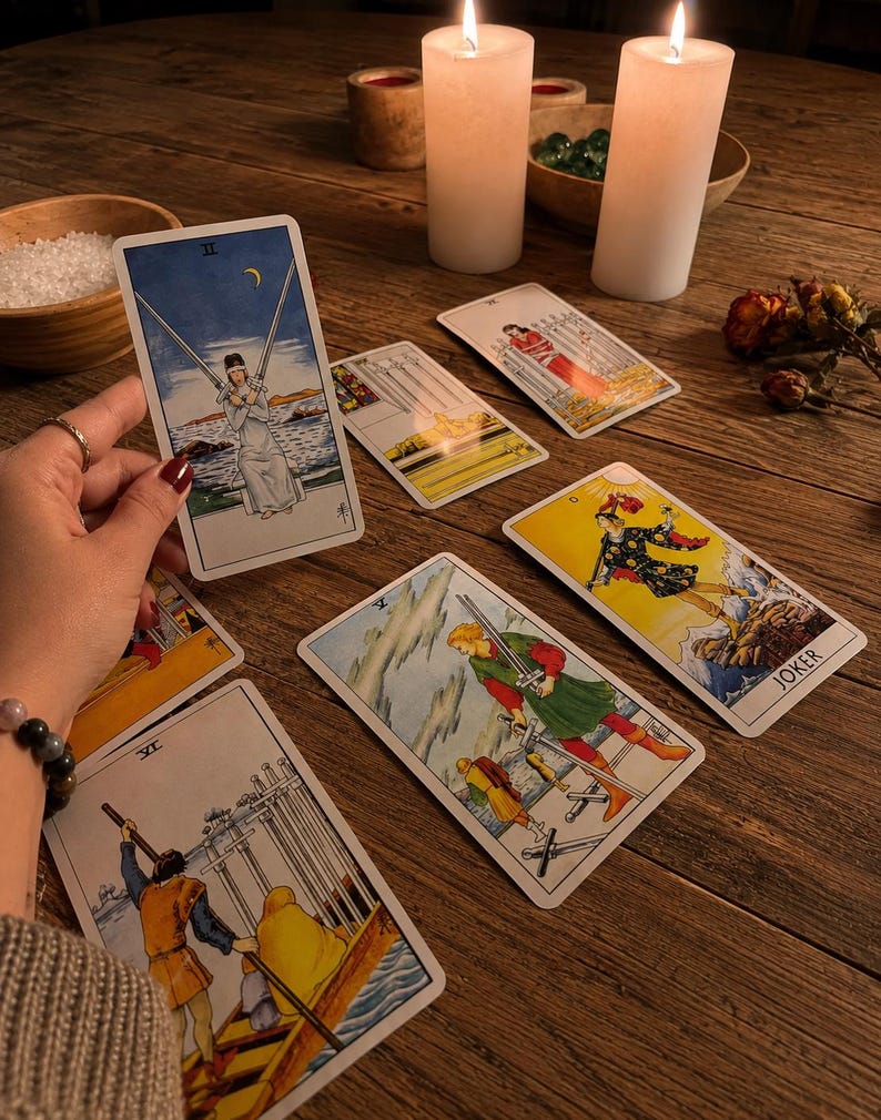 Op de afbeelding: Een verzameling tarotkaarten verspreid over een houten oppervlak, waaronder de Twee van Zwaarden, Vijf van Zwaarden, Zes van Zwaarden en een Joker-kaart. De kaarten bevatten gedetailleerde illustraties met figuren in diverse houdingen, tegen een achtergrond van twee brandende kaarsen.