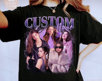 May include: Black t-shirt with a graphic of five women in a purple and white color scheme. The text "CUSTOM Name" is printed in purple on the shirt.