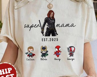 Personlig superhjälte-mamma-tröja, mors dag-present med barnnamn, Disney Avengers Super Dad mamma-tröja, superhjälte-ny mamma-pappa matchande t-shirt