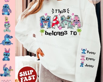 Camiseta personalizada de la era de mi mamá Stitch, camiseta de mamá Stitch con nombres de niños, regalo para el Día de la Madre, sudadera de la era de mamá con nombre de niños en la manga