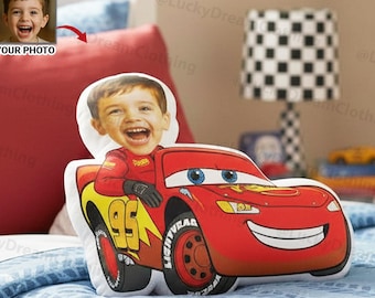 Custom Kids Ugly Pillow Lightning McQueen Car Driver Photo Pillow Gift, Personalized Race Car Cushion for Boys Girls Birthday Bedroom Decor