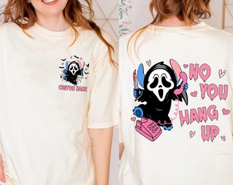 Two-sided Disney Stitch Ghostface No You Hang Up Shirt, Personalized Disney Halloween Stitch Ghost Costume, Spooky Vibes Tee, Trick Or Treat
