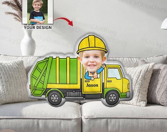Personalized Garbage Truck Pillow, Custom Kids Face & Name Cushion, Construction Vehicle Pillow, Cute Truck Decor, Birthday Gift for Boys