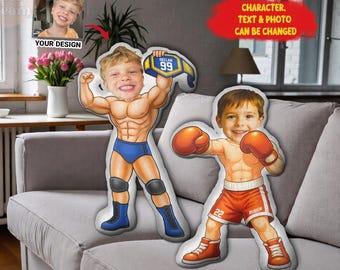 Personalized Boxing & Wrestling Face Pillow, Custom Photo Kids Fighter Cushion, Funny Boxer Champion Pillow, Sports Gift for Boys Girls
