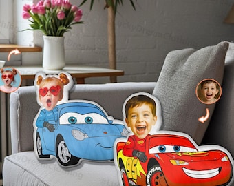 Personalized Race Car Cushion for Boys Girls Birthday Bedroom Decor, Custom Kids Ugly Pillow Lightning McQueen Car Driver Photo Pillow Gifts