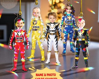 Personalized Superhero Kids Ornament 2025, Custom Power Rangers Photo & Name Ornament Xmas Gift for Children, Family Ranger Holiday Decor