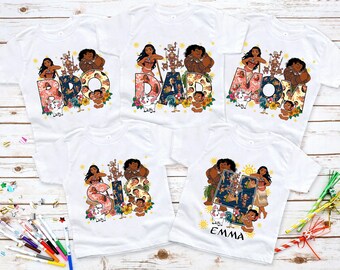 Camiseta personalizada con nombre de Moana, camiseta personalizada a juego Disney Hei Hei Pua Maui Tamatoa, regalo familiar de cumpleaños para vacaciones en Disneyland para niños pequeños