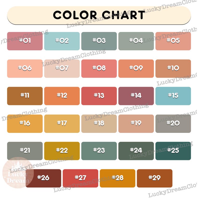 K&ouml;nnte beinhalten: Farbkarte mit 29 verschiedenen Farbmustern. Jedes Muster ist mit einer Nummer von 01 bis 29 gekennzeichnet.