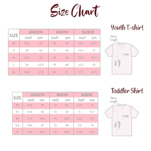 May include: Size chart for youth and toddler t-shirts. The chart shows measurements in inches and centimeters for length, width, and sleeve length. The chart is divided into two sections: Youth T-shirt and Toddler Shirt.