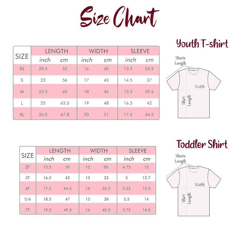 May include: Size chart for youth and toddler t-shirts. The chart shows measurements in inches and centimeters for length, width, and sleeve length. The chart is divided into two sections: Youth T-shirt and Toddler Shirt.