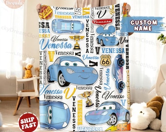 Manta personalizada de Disney Cars, nombre personalizado de Rayo McQueen para niño o niña, manta de Sally Carrera, cumpleaños familiar de Cars para niño.
