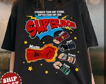 Personalized Super Mom Fist Bump Shirt, Superhero Matching Mommy Shirt, Disney New Mom Shirt, Mother's Day Gift with Kids Names, Disney Tee