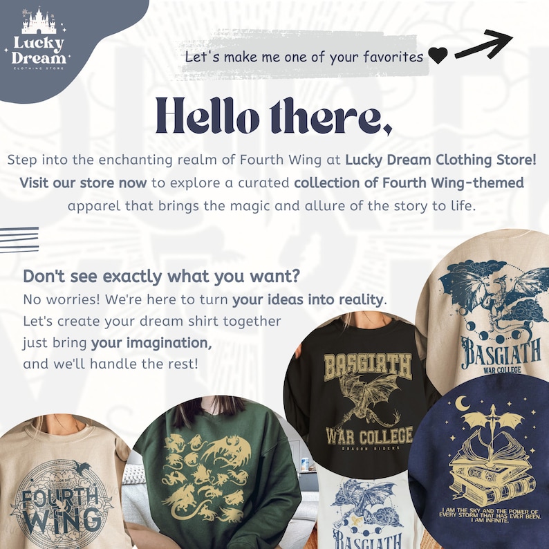May include: Four different sweatshirts featuring designs inspired by the fantasy novel "Fourth Wing". The sweatshirts are in various colours, including black, navy blue, beige, and green. The designs include dragons, books, and the text "Basgiath War College".