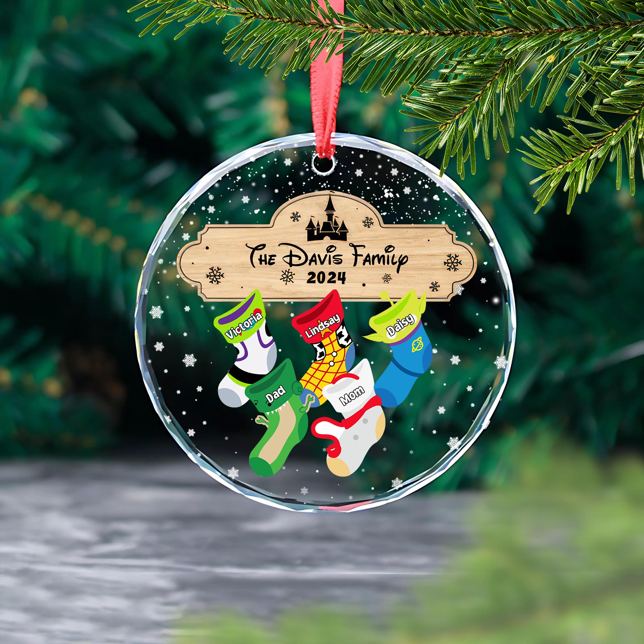 Personalized Disney characters Family Stocking Glass Ornament, Custom Family Ornament, Gift Ideal For Grandma, Disney Ornament 2024 Holiday