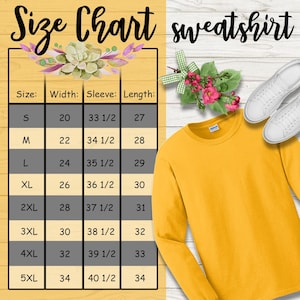 K&ouml;nnte beinhalten: Gr&ouml;&szlig;entabelle f&uuml;r einen gelben Pullover mit Ma&szlig;en in Zoll f&uuml;r Breite, &Auml;rmell&auml;nge und Gesamtl&auml;nge. Die Gr&ouml;&szlig;en reichen von S bis 5XL.