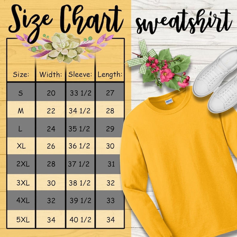 K&ouml;nnte beinhalten: Gr&ouml;&szlig;entabelle f&uuml;r einen gelben Pullover mit Ma&szlig;en in Zoll f&uuml;r Breite, &Auml;rmell&auml;nge und Gesamtl&auml;nge. Die Gr&ouml;&szlig;en reichen von S bis 5XL.