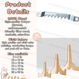K&ouml;nnte beinhalten: Holz-Bilderrahmenst&auml;nder und ein Metalls&auml;gezahn-Aufh&auml;nger. Die St&auml;nder sind aus hellem Holz und in verschiedenen Gr&ouml;&szlig;en erh&auml;ltlich. Der Text zeigt "Product Details" und "Size available" mit Ma&szlig;en in Zoll.
