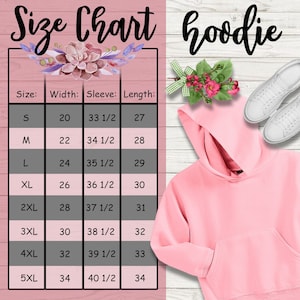 K&ouml;nnte beinhalten: Gr&ouml;&szlig;entabelle f&uuml;r einen rosa Hoodie mit Ma&szlig;en in Zoll f&uuml;r Breite, &Auml;rmell&auml;nge und Gesamtl&auml;nge. Die Gr&ouml;&szlig;en reichen von S bis 5XL.