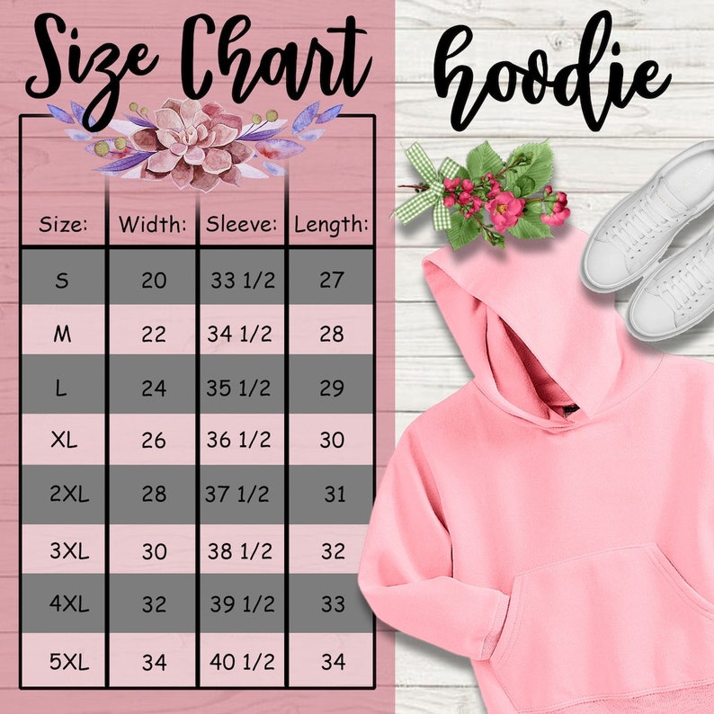 K&ouml;nnte beinhalten: Gr&ouml;&szlig;entabelle f&uuml;r einen rosa Hoodie mit Ma&szlig;en in Zoll f&uuml;r Breite, &Auml;rmell&auml;nge und Gesamtl&auml;nge. Die Gr&ouml;&szlig;en reichen von S bis 5XL.