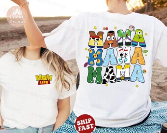 Camiseta de Toy Story de mamá, camiseta de dibujos animados de mamá de dos lados, camiseta del día de la madre de Toy Story, camiseta de Disney Jessie Woody, camiseta de Buzz Lightyear para mamá primeriza