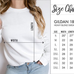 May include: Size chart for Gildan 18000 heavy blend sweatshirts. The chart shows sizes S through 5XL with corresponding width, length, and sleeve measurements in inches.