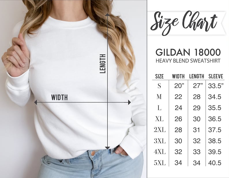 May include: Size chart for Gildan 18000 heavy blend sweatshirts. The chart shows sizes S through 5XL with corresponding width, length, and sleeve measurements in inches.