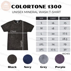 May include: A unisex mineral wash t-shirt in black, navy, grey, and purple. The shirt has a distressed look and is available in sizes S-3XL. The size chart shows the chest and length measurements in inches.