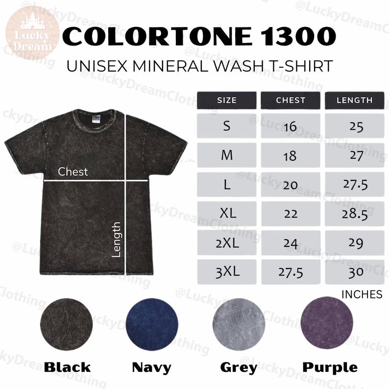 May include: A unisex mineral wash t-shirt in black, navy, grey, and purple. The shirt has a distressed look and is available in sizes S-3XL. The size chart shows the chest and length measurements in inches.