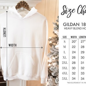 May include: Size chart for Gildan 18500 heavy blend hoodie. The chart shows sizes from S to 5XL with corresponding width, length, and sleeve measurements in inches.