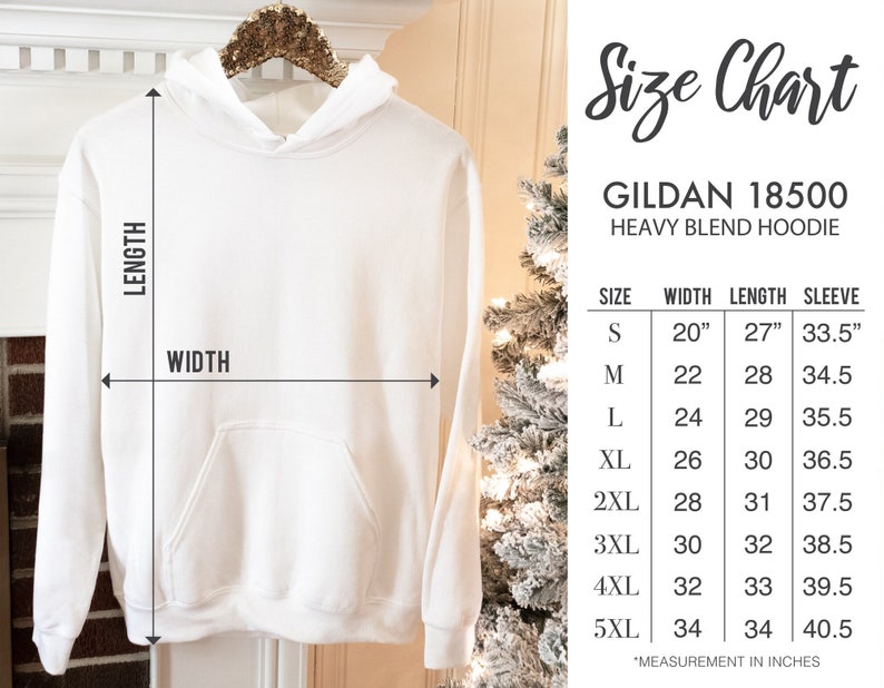May include: Size chart for Gildan 18500 heavy blend hoodie. The chart shows sizes from S to 5XL with corresponding width, length, and sleeve measurements in inches.