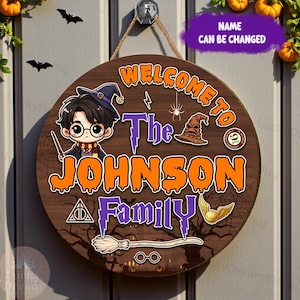 Personalized Halloween Wooden Door Sign, Custom Family Name Door Hanger, Wizard-Inspired Spooky Welcome Sign, Bats & Pumpkins Decor 2025