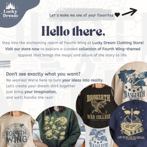 K&ouml;nnte beinhalten: Vier verschiedene Sweatshirts mit Designs, die vom Fantasy-Roman "Fourth Wing" inspiriert sind. Die Sweatshirts sind in verschiedenen Farben, darunter Schwarz, Marineblau, Beige und Gr&uuml;n. Die Designs beinhalten Drachen, B&uuml;cher und den Text "Basgiath War College".