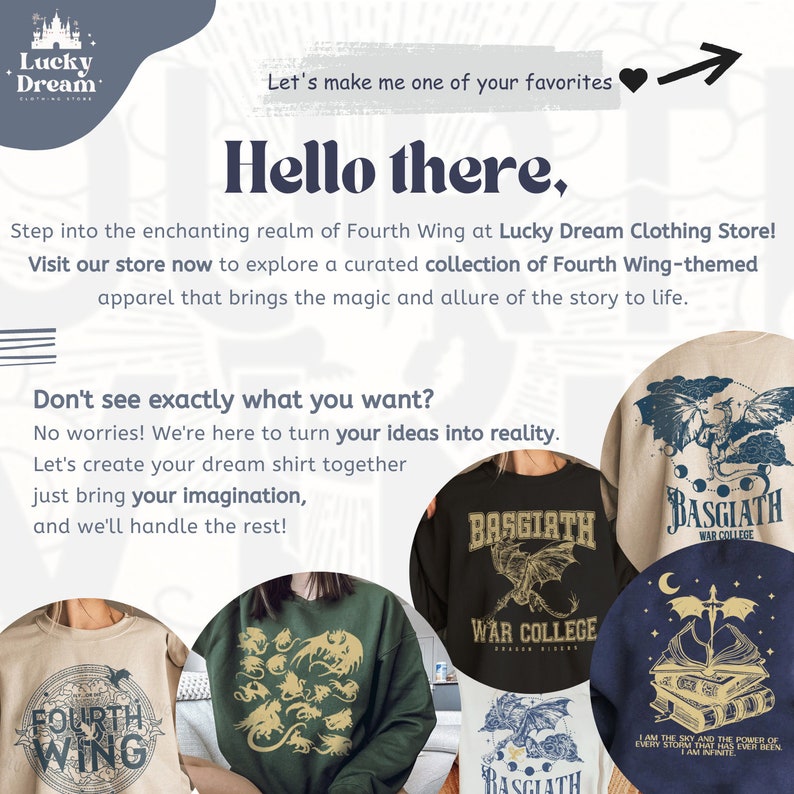 K&ouml;nnte beinhalten: Vier verschiedene Sweatshirts mit Designs, die vom Fantasy-Roman "Fourth Wing" inspiriert sind. Die Sweatshirts sind in verschiedenen Farben, darunter Schwarz, Marineblau, Beige und Gr&uuml;n. Die Designs beinhalten Drachen, B&uuml;cher und den Text "Basgiath War College".