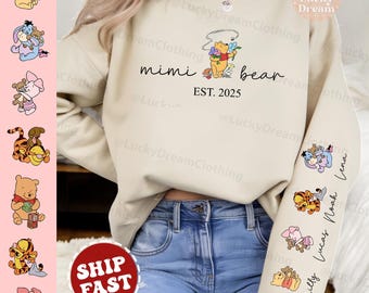Custom Mothers Day Shirt with Names, Winnie the Pooh Mothers Days Gift, Gift For Mother's Day, Mama Est with Kids Name on Sleeve Sweatshirt